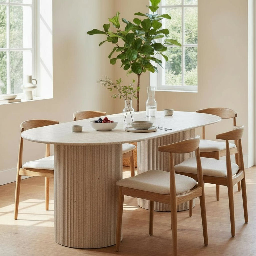 RINA XL Table à manger ovale en granite couleur travertin 180 cm — aperçu vidéo