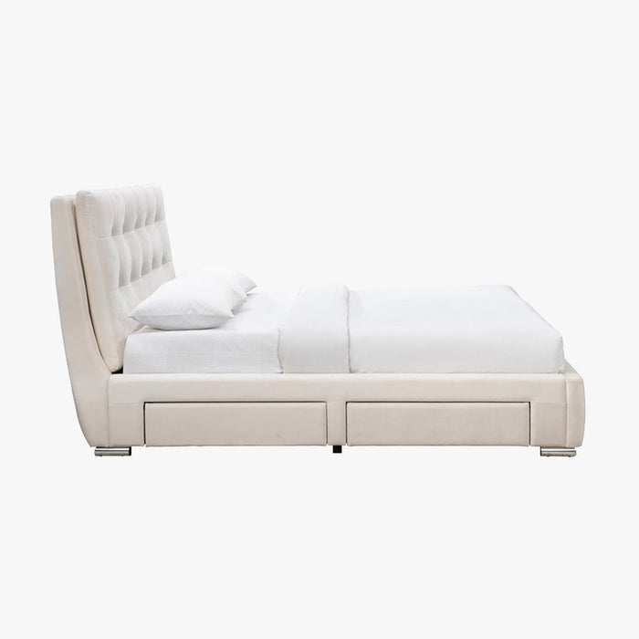 RODRIGO Lit double en tissu blanc écru avec 2 tiroirs 140x190 cm