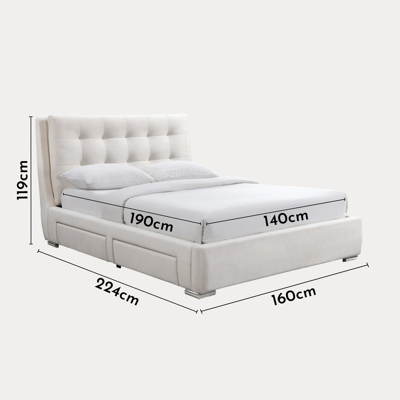 RODRIGO Lit double en tissu blanc écru avec 2 tiroirs 140x190 cm - Lits - Mobilier Deco