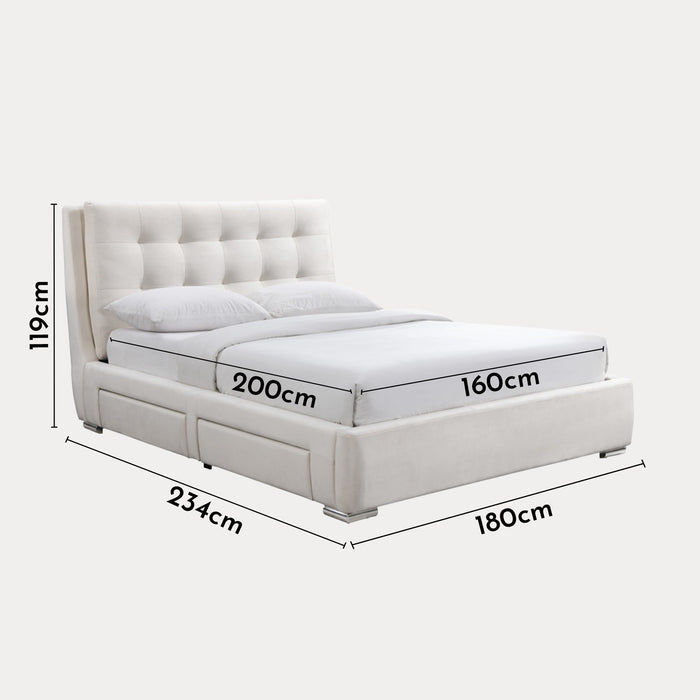 RODRIGO Lit double en tissu blanc écru avec 2 tiroirs 160x200 cm