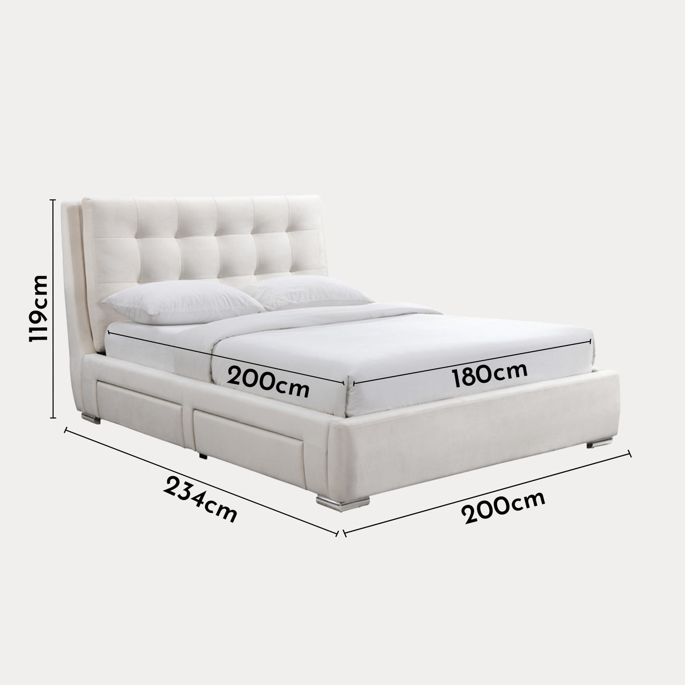 RODRIGO Lit double en tissu blanc écru avec 2 tiroirs 180x200 cm - Lits - Mobilier Deco