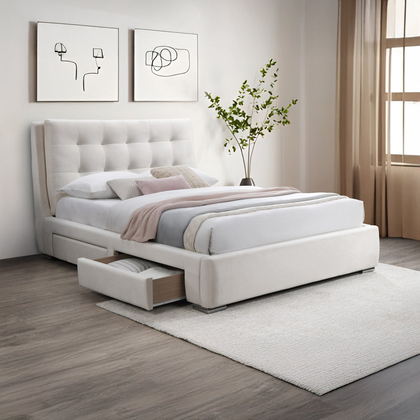 RODRIGO Lit double en tissu blanc écru avec 2 tiroirs 180x200 cm - Lits - Mobilier Deco