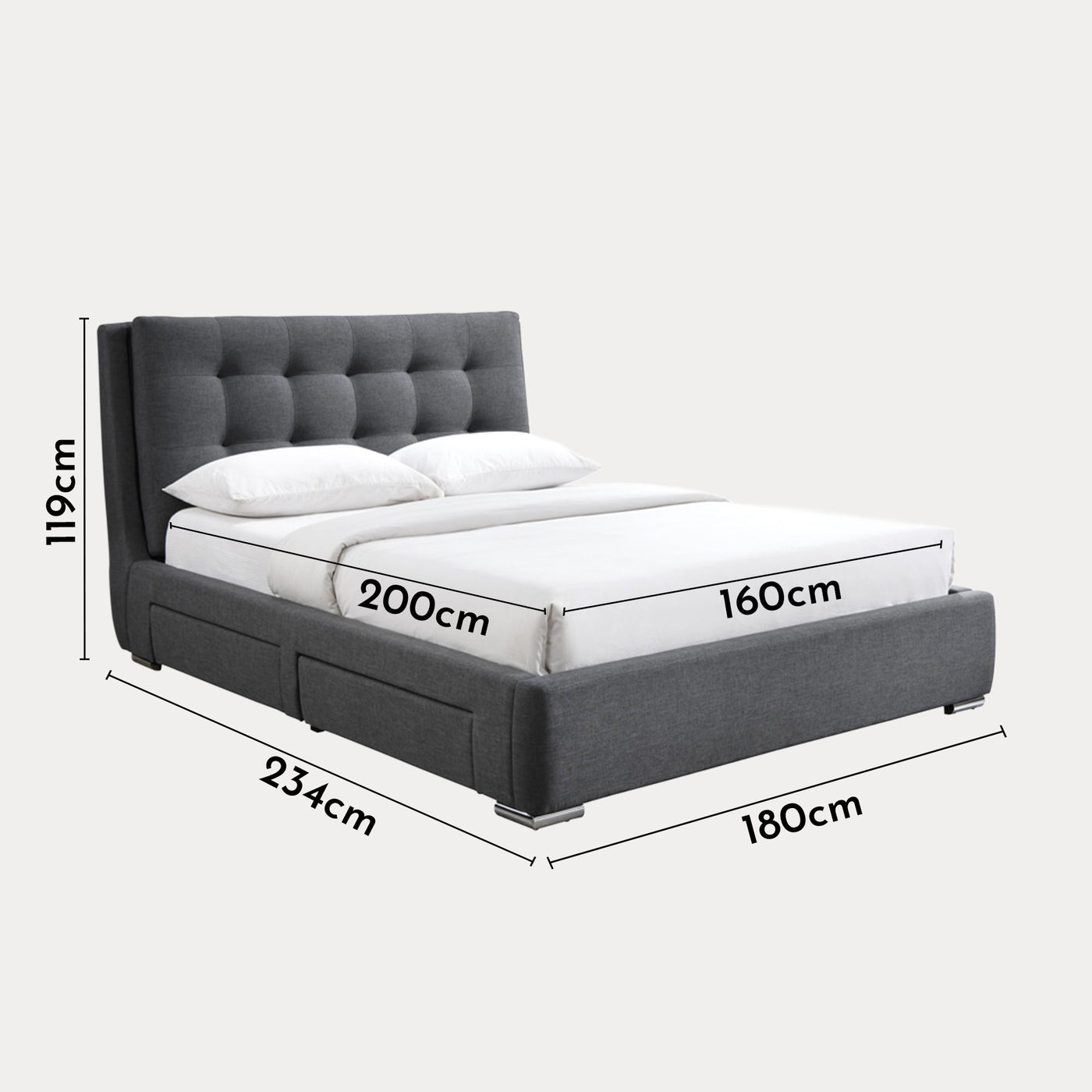 RODRIGO Lit double en tissu gris foncé avec 2 tiroirs 160x200 cm - Lits - Mobilier Deco