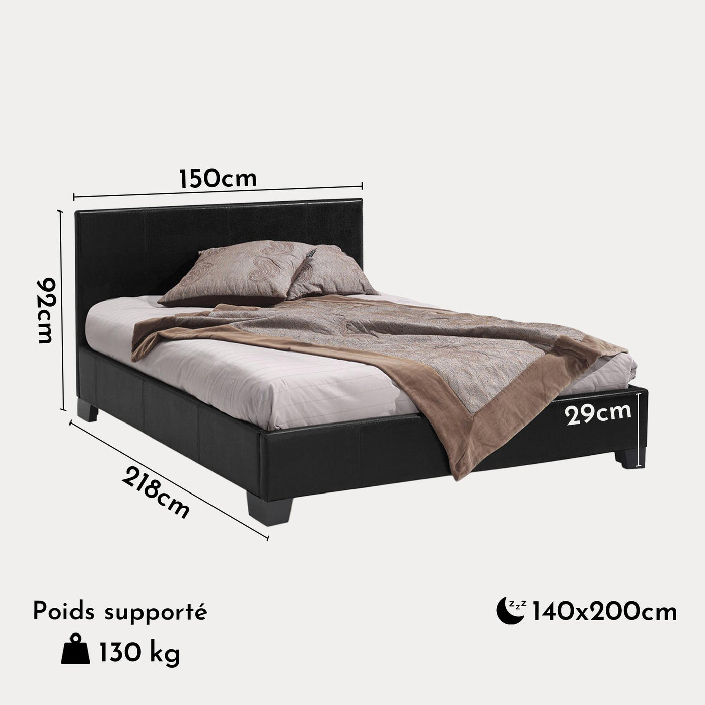 ROMA Lit double en simili cuir noir 140x200 cm - Lits - Mobilier Deco