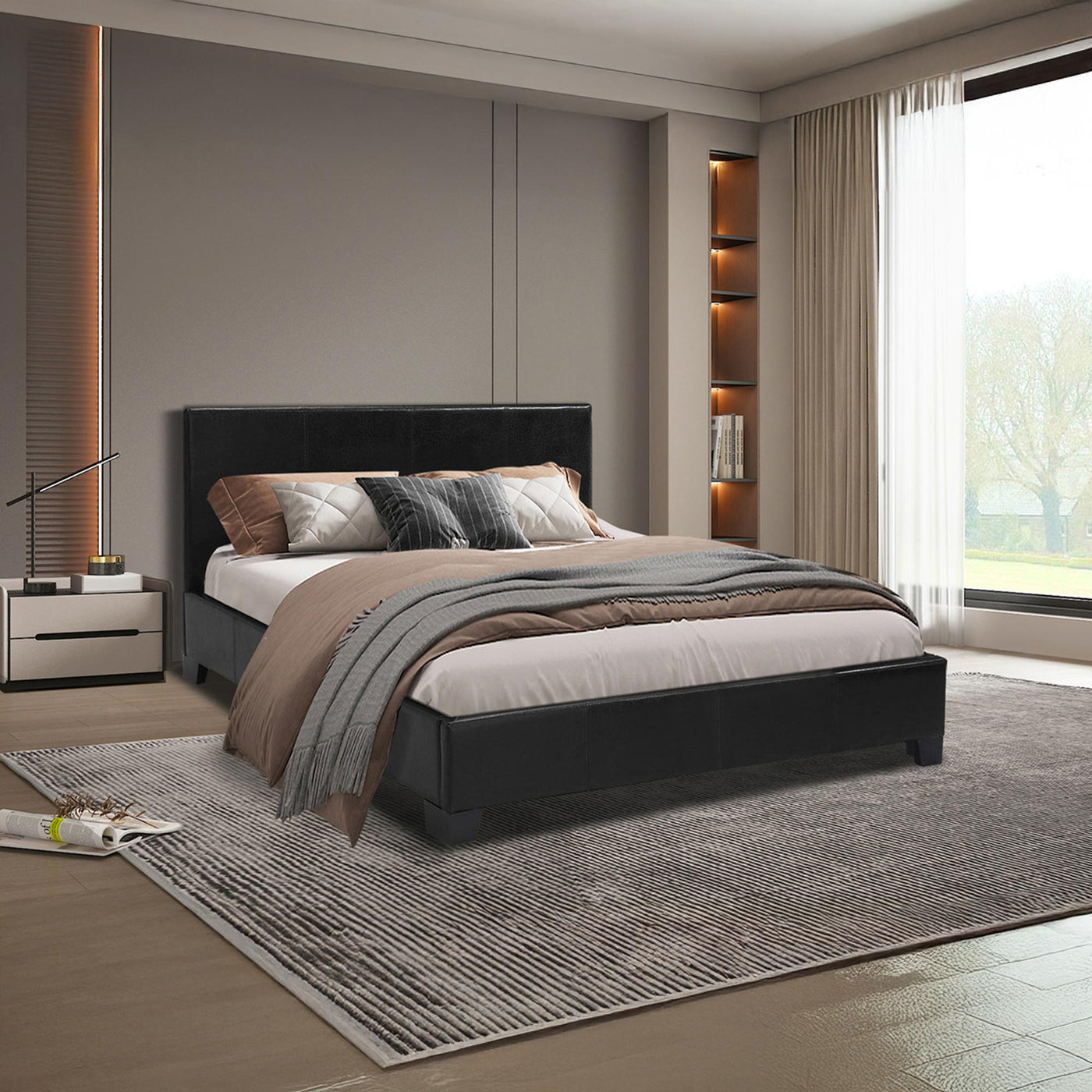 ROMA Lit double en simili cuir noir 140x200 cm - Lits - Mobilier Deco