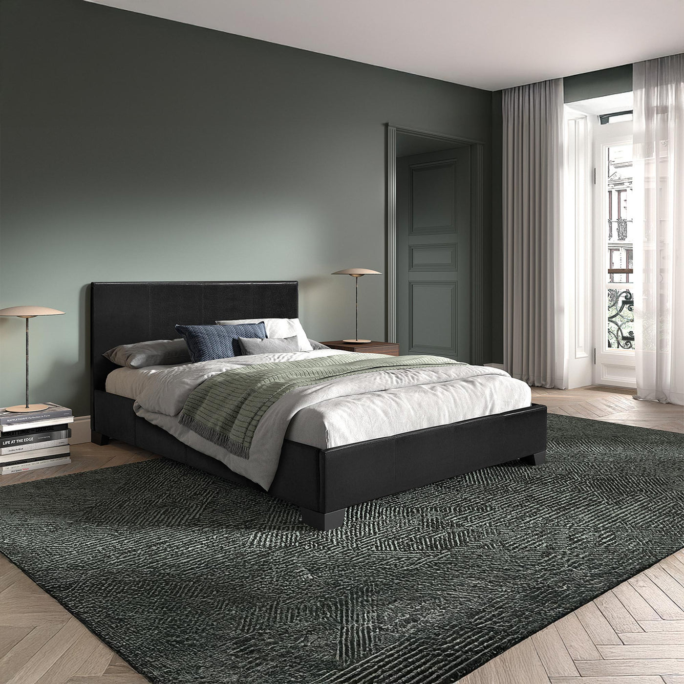 ROMA Lit double en simili cuir noir 140x200 cm - Lits - Mobilier Deco