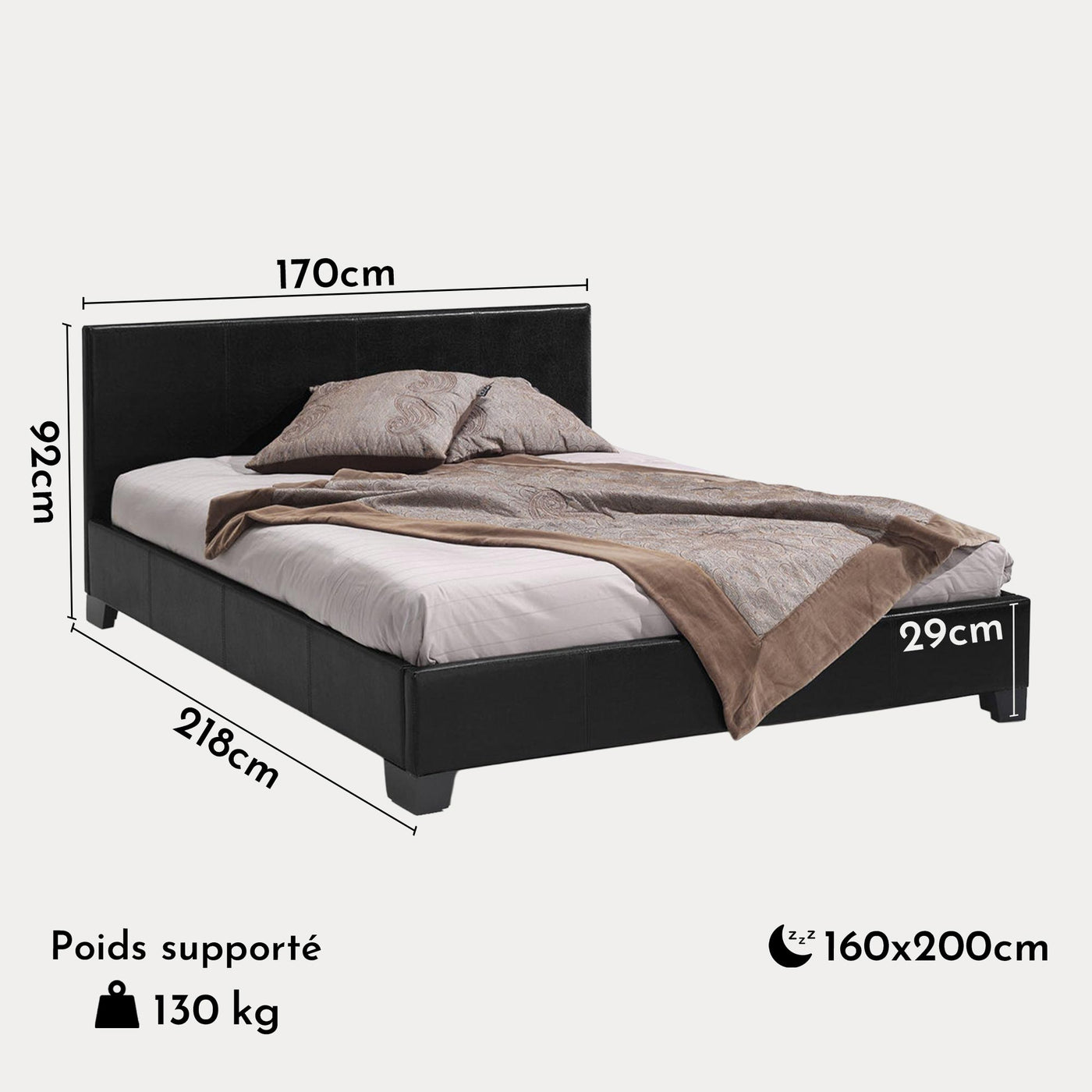 ROMA Lit double en simili cuir noir 160x200 cm - Lits - Mobilier Deco
