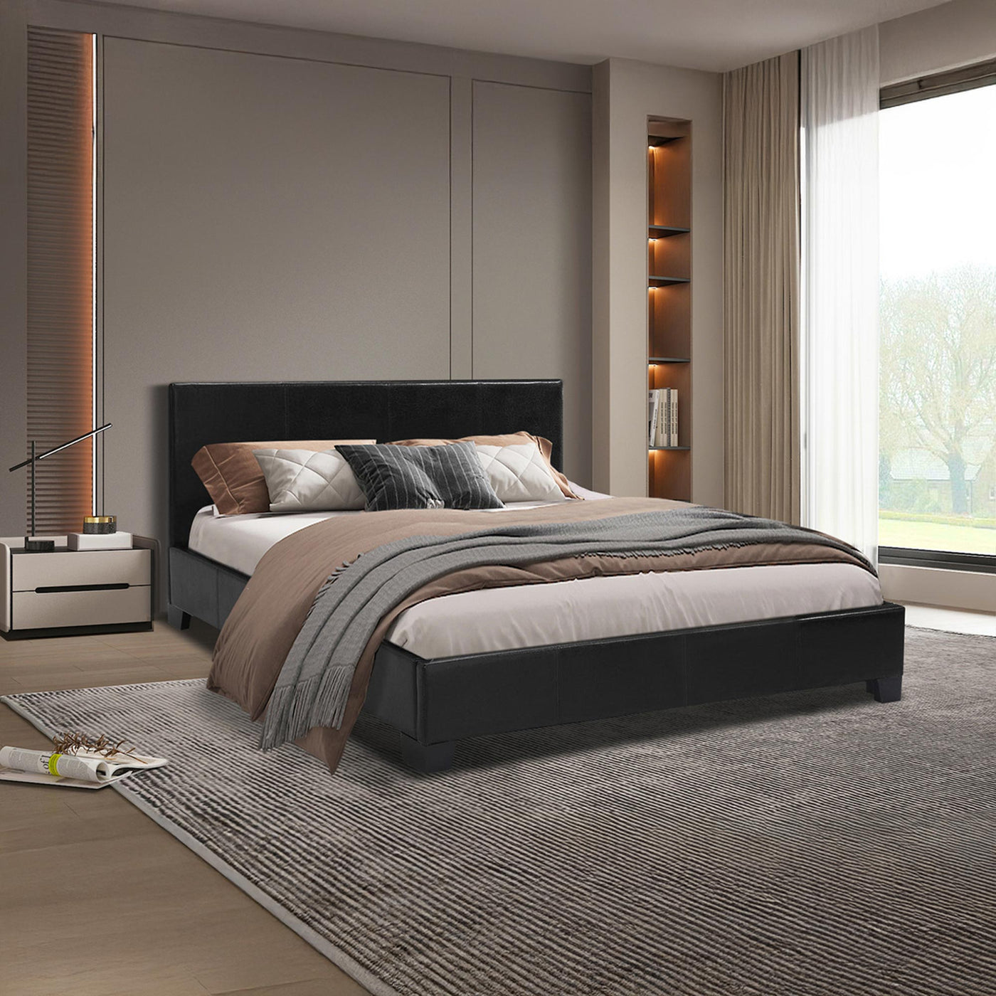 ROMA Lit double en simili cuir noir 160x200 cm - Lits - Mobilier Deco