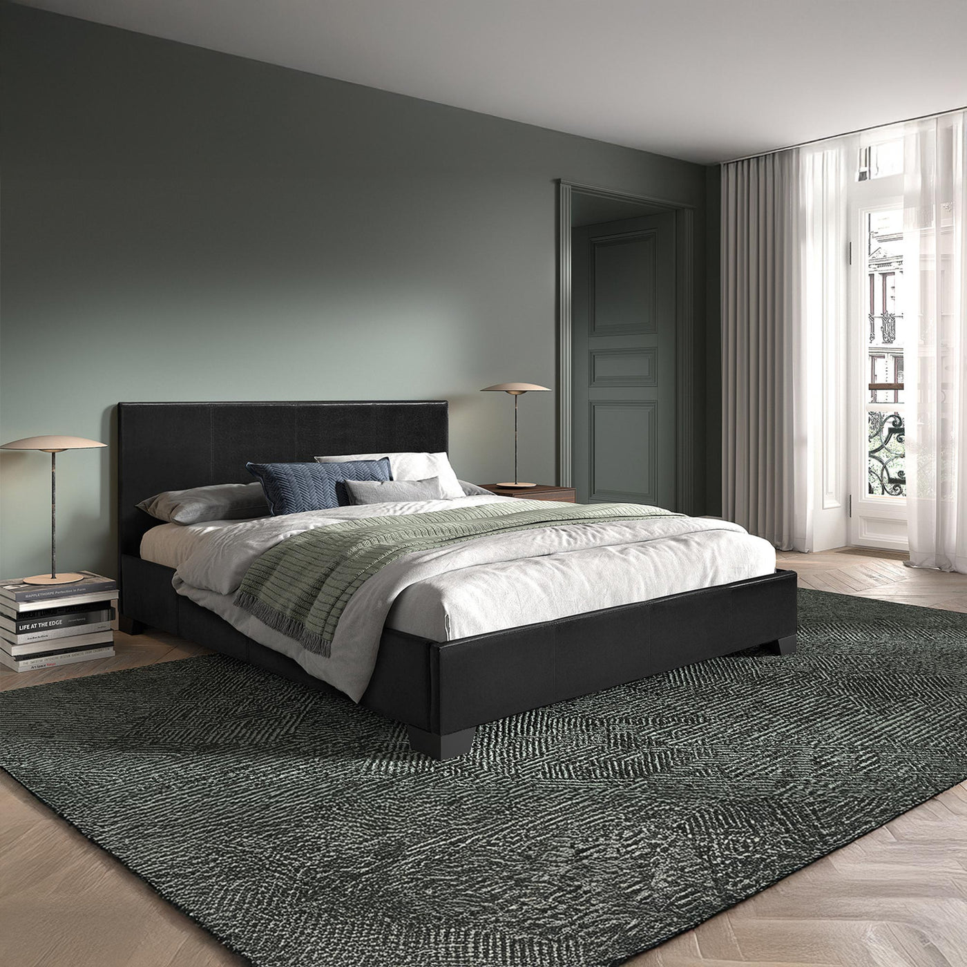 ROMA Lit double en simili cuir noir 160x200 cm - Lits - Mobilier Deco