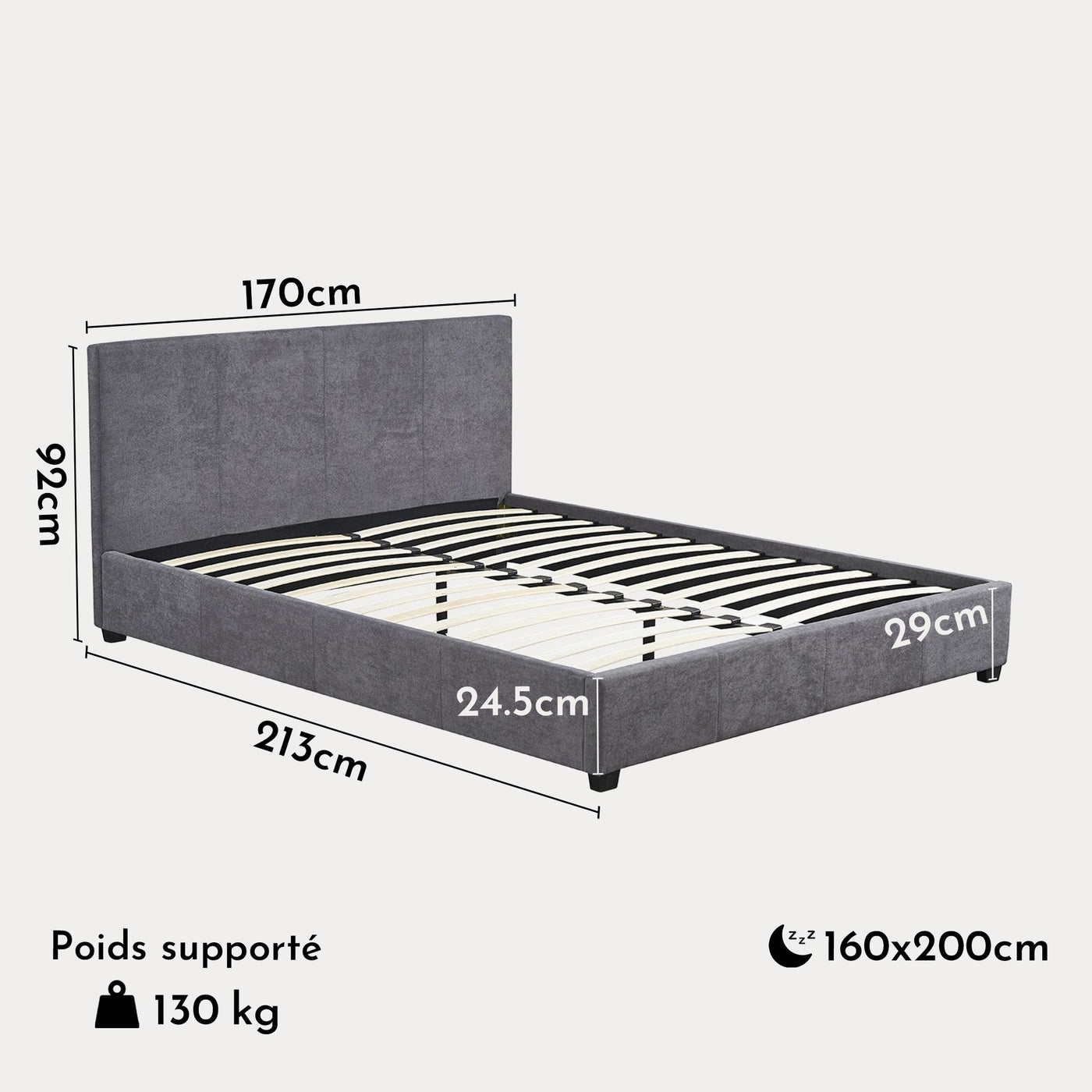 ROMA TISSU Lit double en tissu gris 160x200 cm - Lits - Mobilier Deco