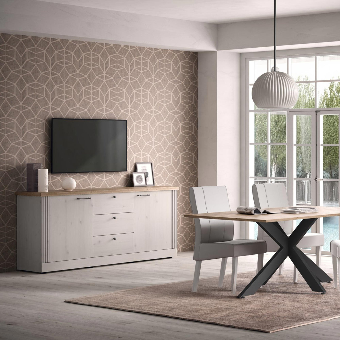 ROMANE Buffet 2 portes 3 tiroirs couleur chêne blanc et bois clair - Buffet - Mobilier Deco