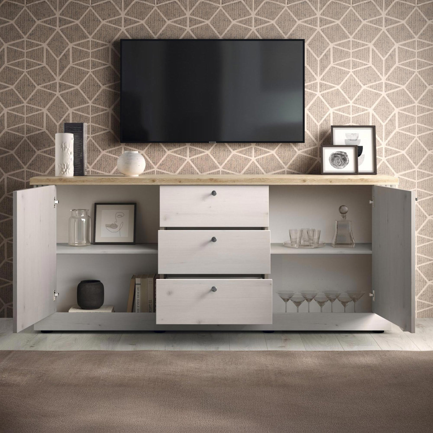 ROMANE Buffet 2 portes 3 tiroirs couleur chêne blanc et bois clair - Buffet - Mobilier Deco