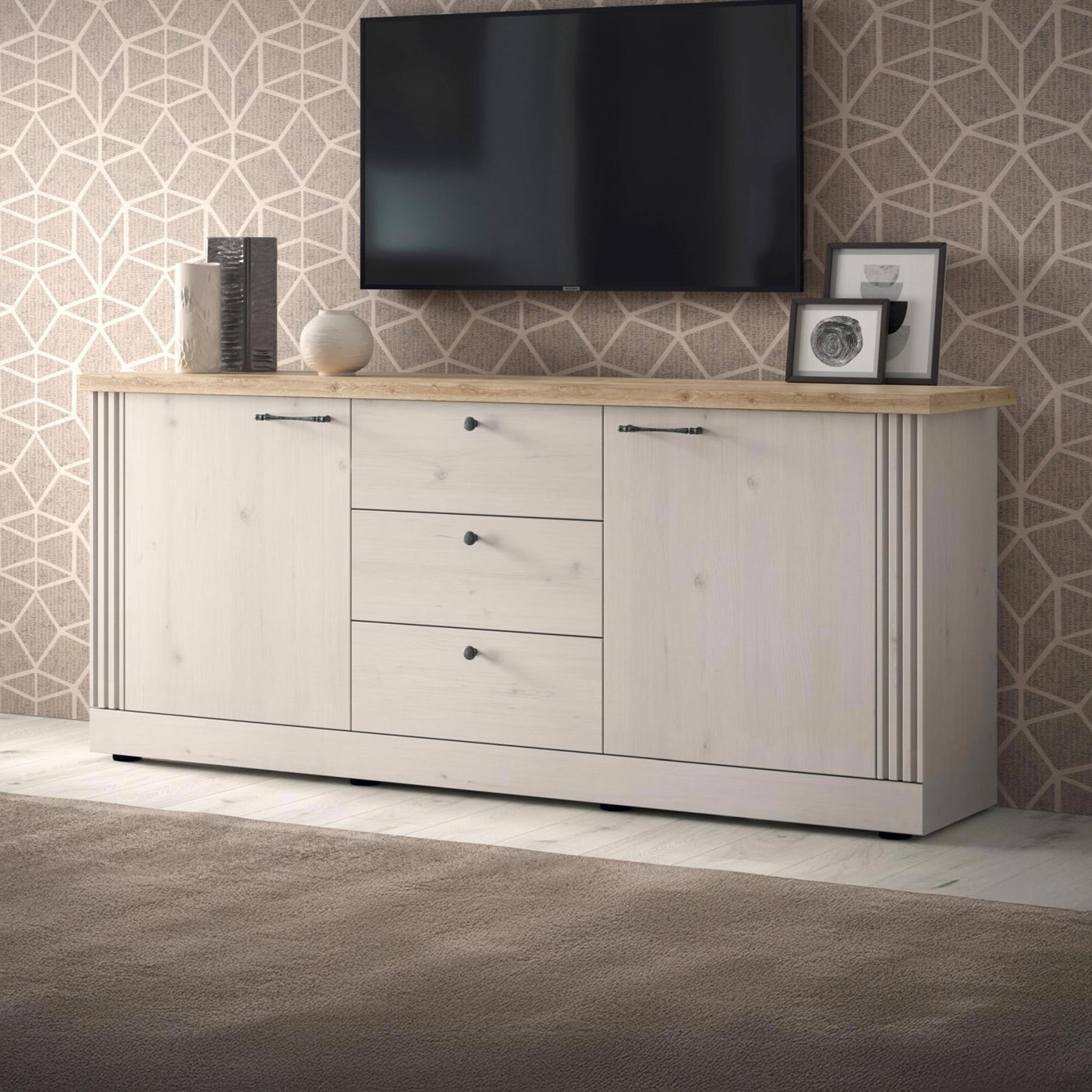 ROMANE Buffet 2 portes 3 tiroirs couleur chêne blanc et bois clair - Buffet - Mobilier Deco