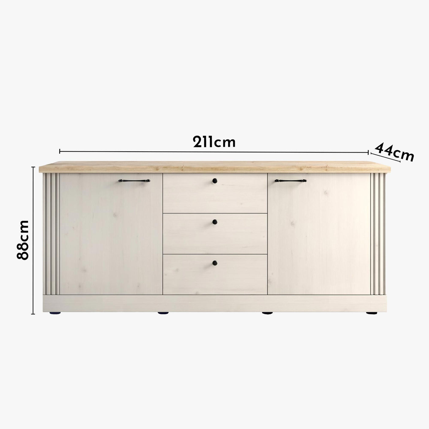 ROMANE Buffet 2 portes 3 tiroirs couleur chêne blanc et bois clair - Buffet - Mobilier Deco