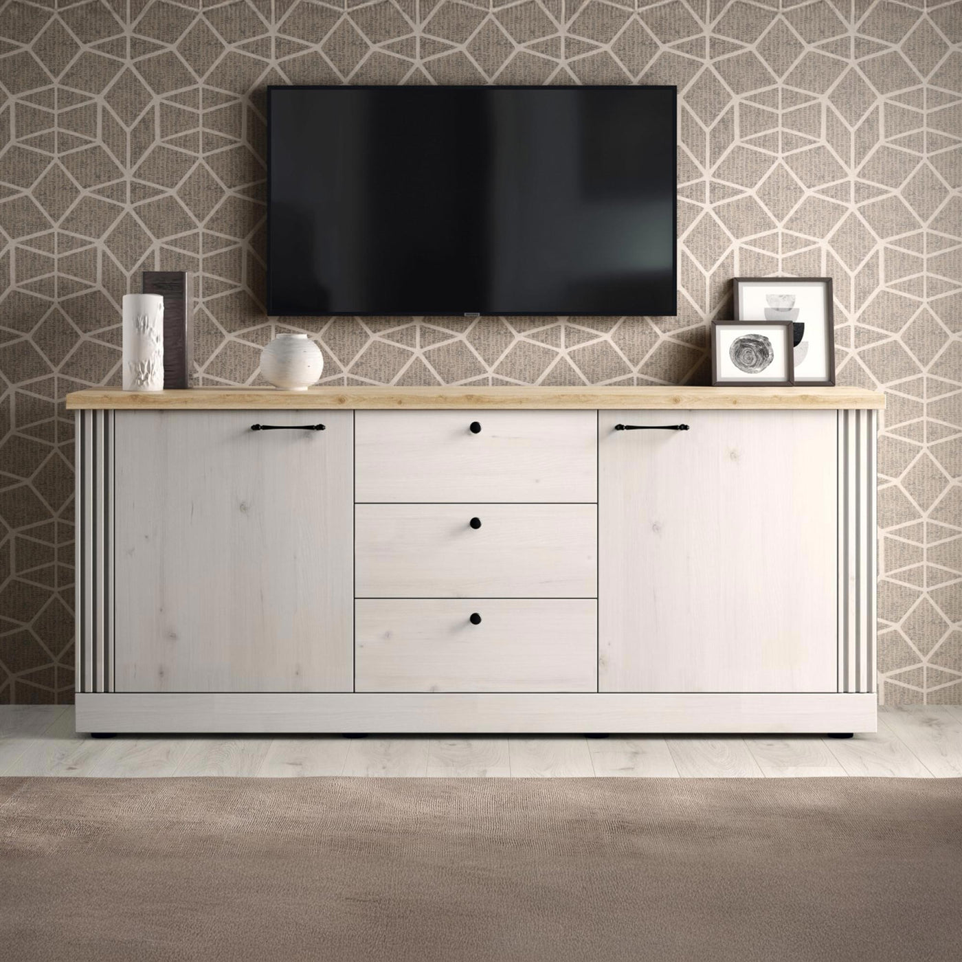ROMANE Buffet 2 portes 3 tiroirs couleur chêne blanc et bois clair - Buffet - Mobilier Deco