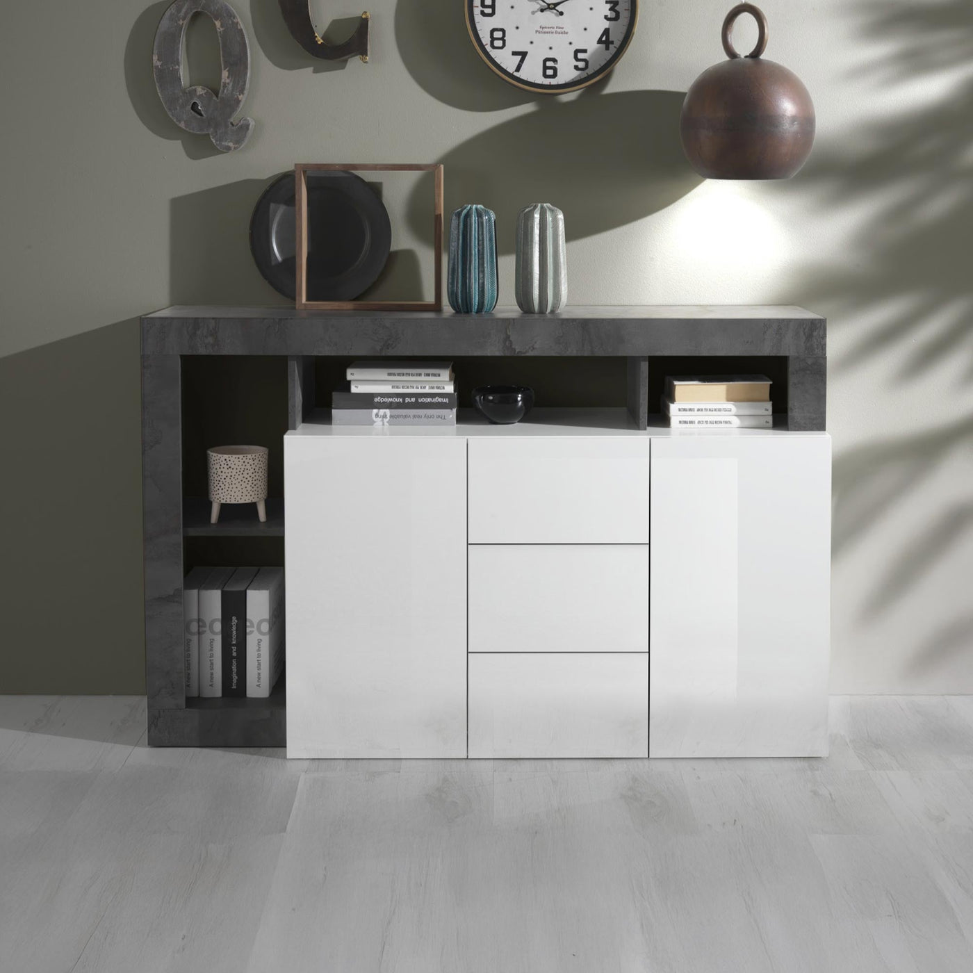 RONICA Buffet 2 portes 3 tiroirs gris et blanc - Buffet - Mobilier Deco