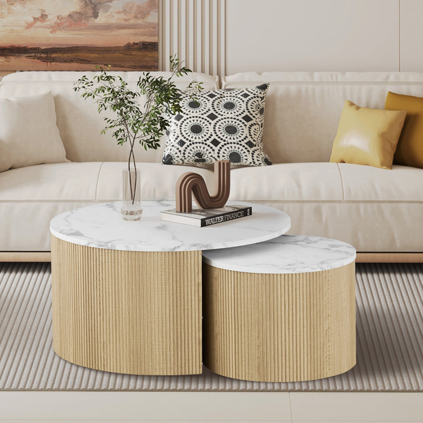 ROWAN Lot de 2 tables basses rondes gigognes couleur marbre et bois - Table basse - Mobilier Deco