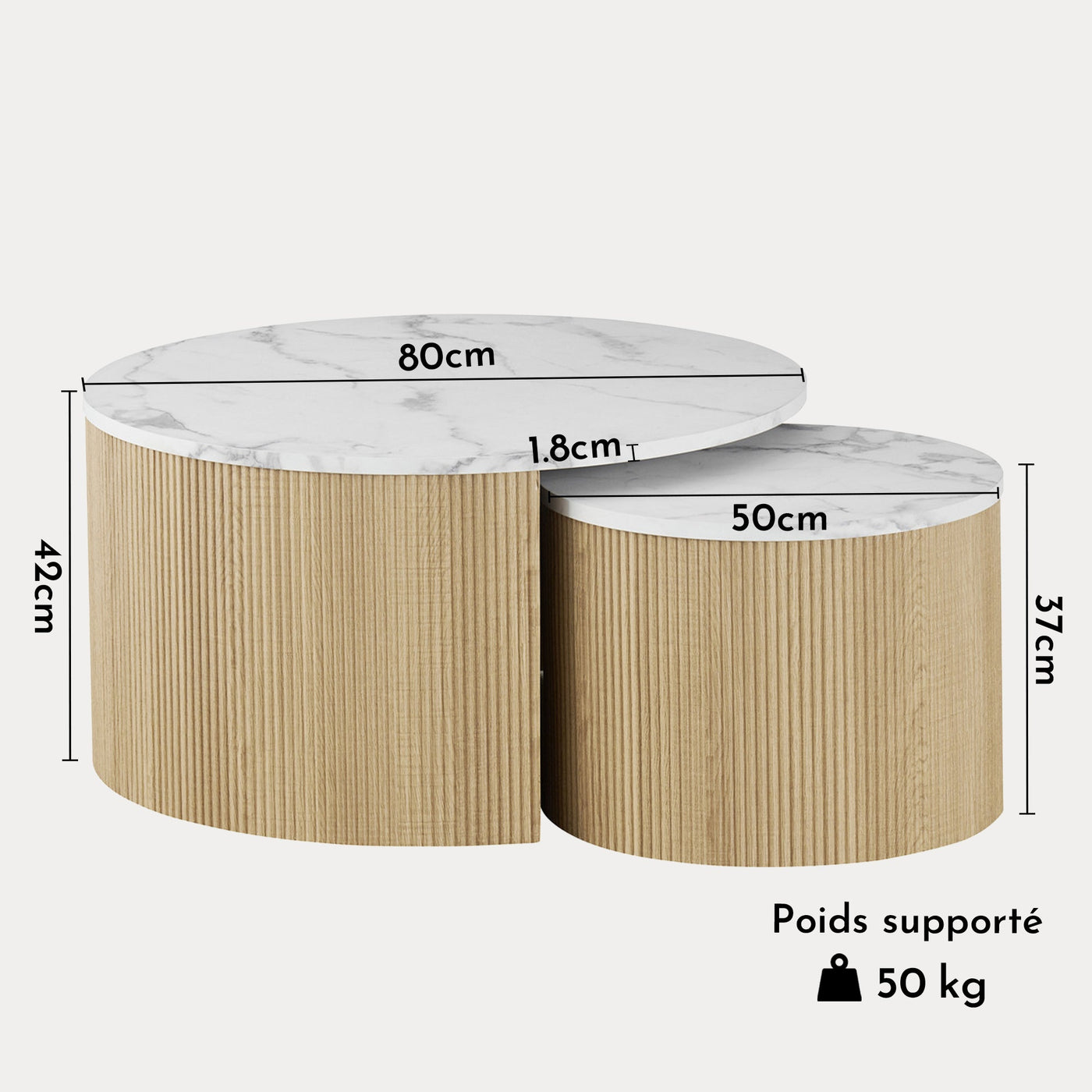 ROWAN Lot de 2 tables basses rondes gigognes couleur marbre et bois - Table basse - Mobilier Deco