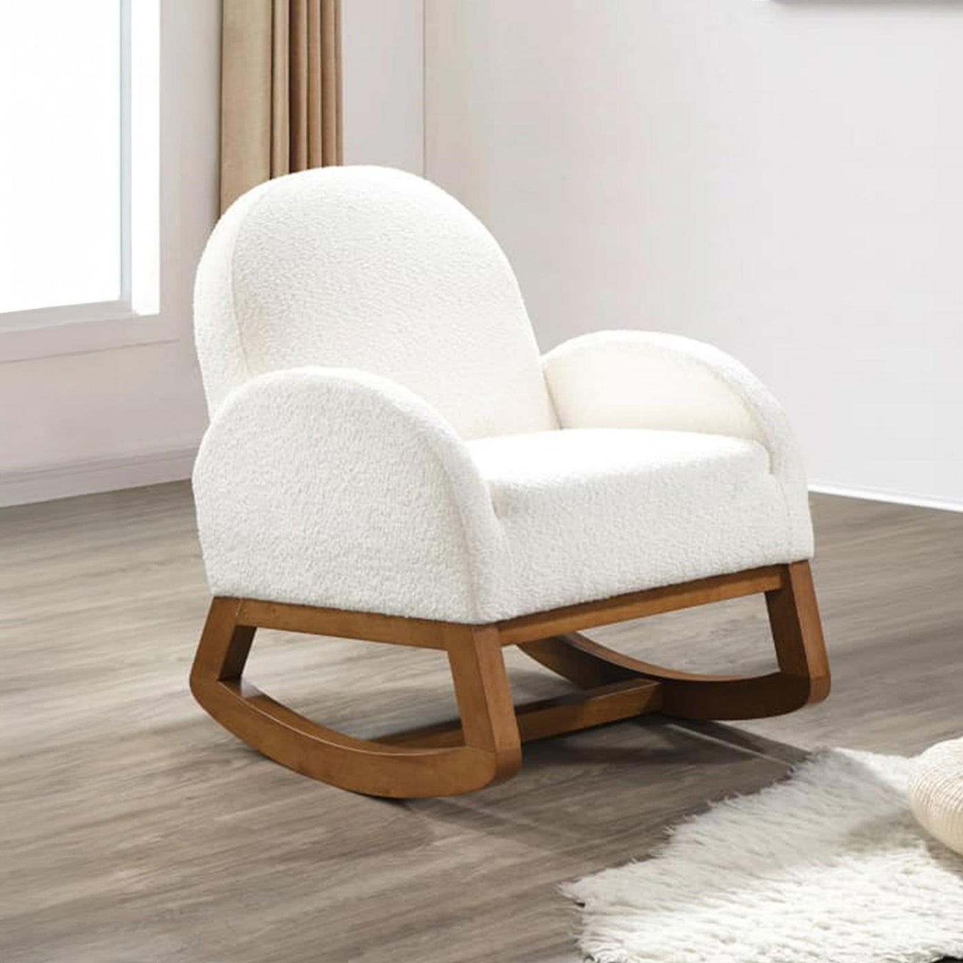 RUSSO Fauteuil à bascule effet peau de mouton blanc et bois clair - Fauteuils - Mobilier Deco