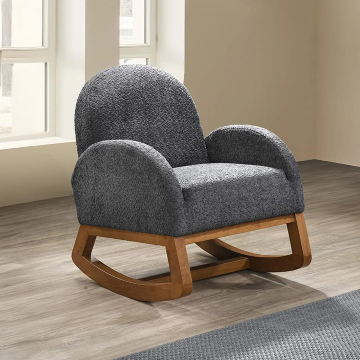RUSSO Fauteuil à bascule effet peau de mouton gris foncé et bois clair - Fauteuils - Mobilier Deco