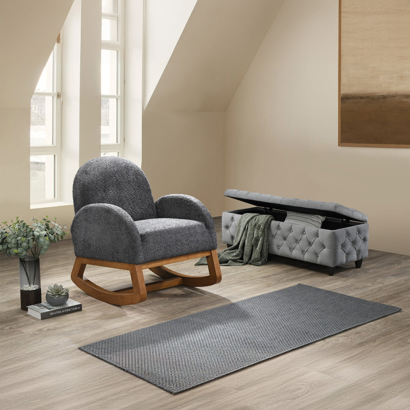 RUSSO Fauteuil à bascule effet peau de mouton gris foncé et bois clair - Fauteuils - Mobilier Deco