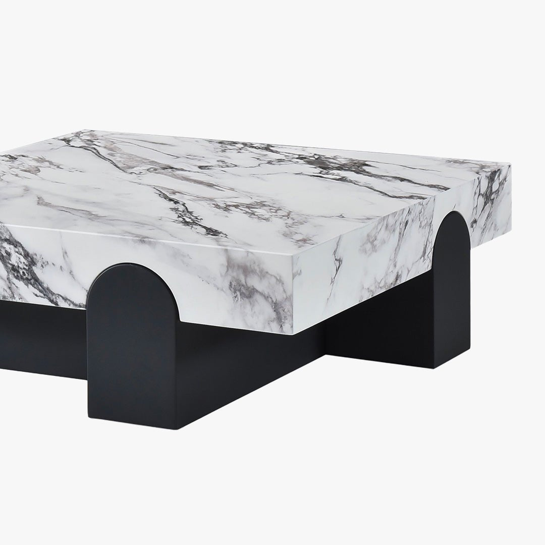 RUYA Table basse carrée marbre d'ingénierie blanc socle noir - Table basse - Mobilier Deco