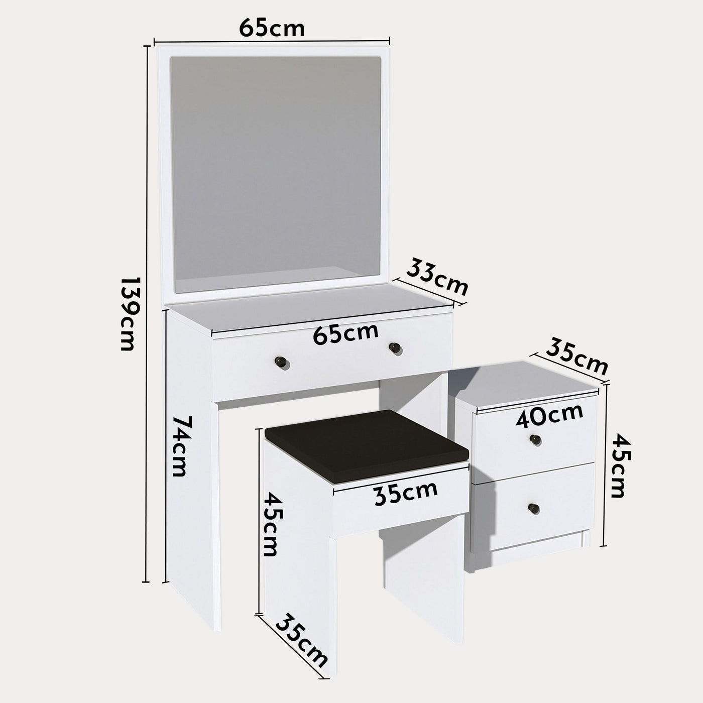 SABRIA Ensemble coiffeuse avec miroir tabouret et table de chevet blanc - Coiffeuse - Mobilier Deco