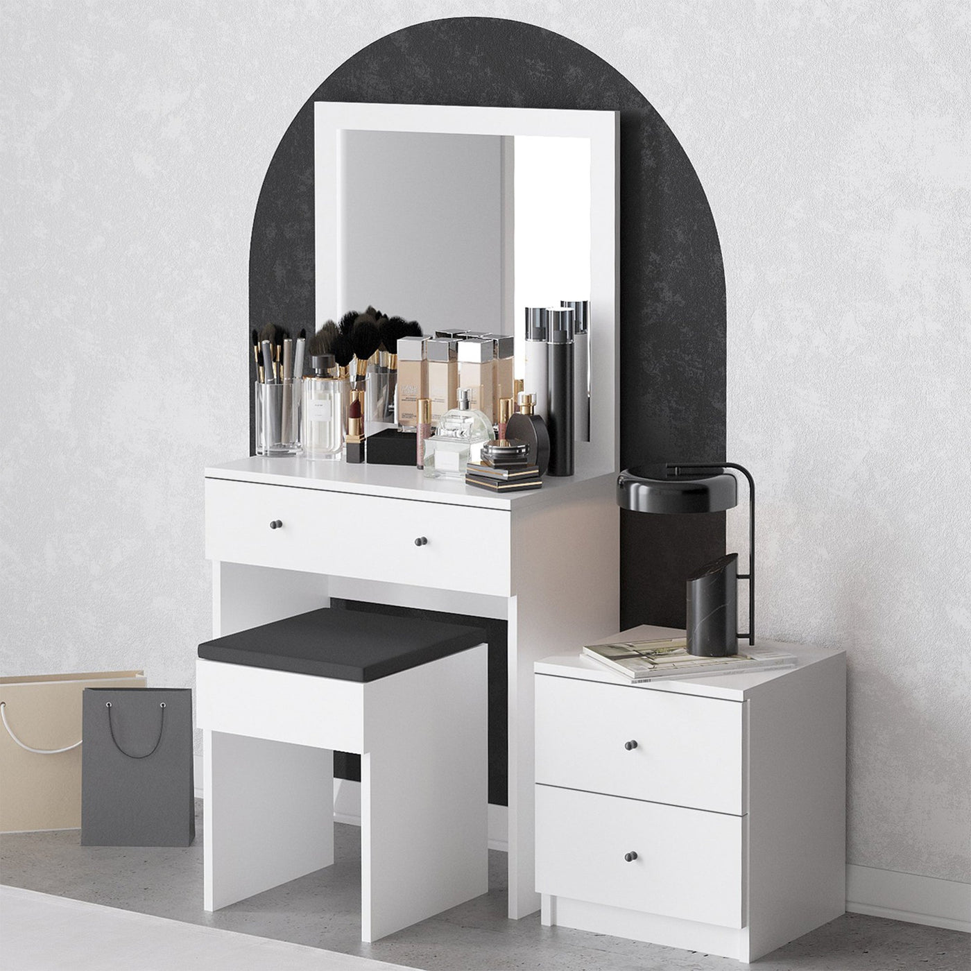 SABRIA Ensemble coiffeuse avec miroir tabouret et table de chevet blanc - Coiffeuse - Mobilier Deco