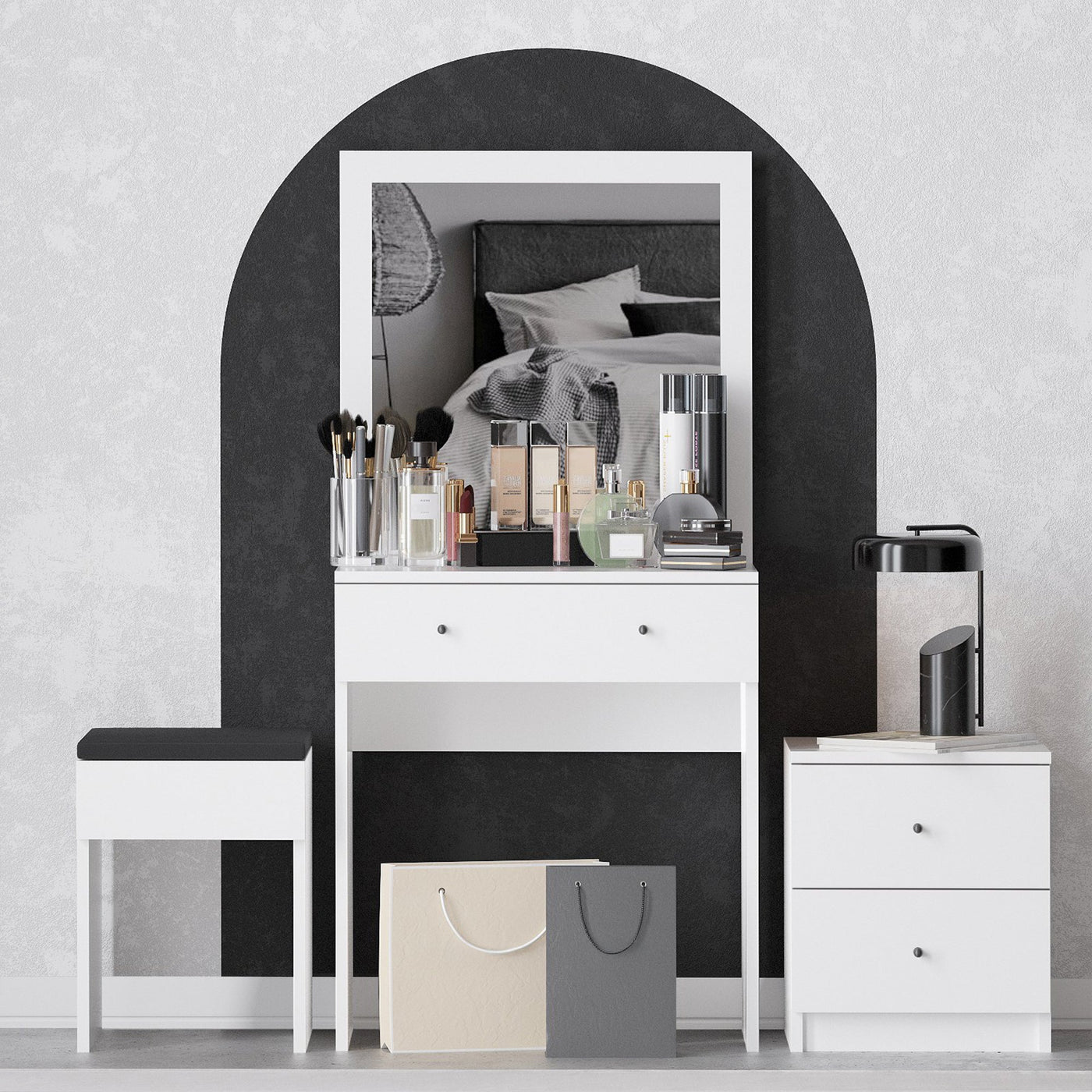 SABRIA Ensemble coiffeuse avec miroir tabouret et table de chevet blanc - Coiffeuse - Mobilier Deco