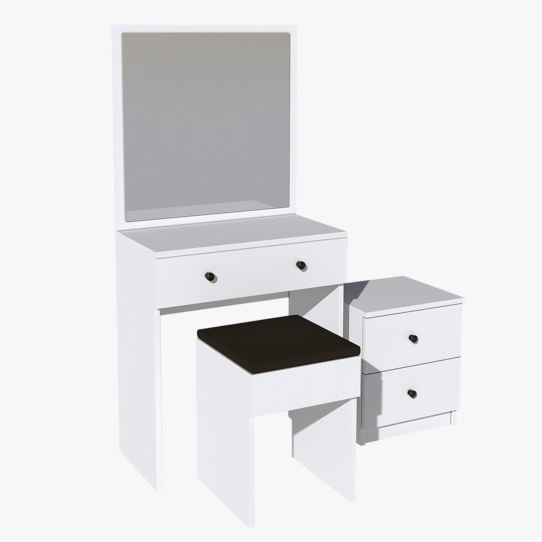 SABRIA Ensemble coiffeuse avec miroir tabouret et table de chevet blanc - Coiffeuse - Mobilier Deco