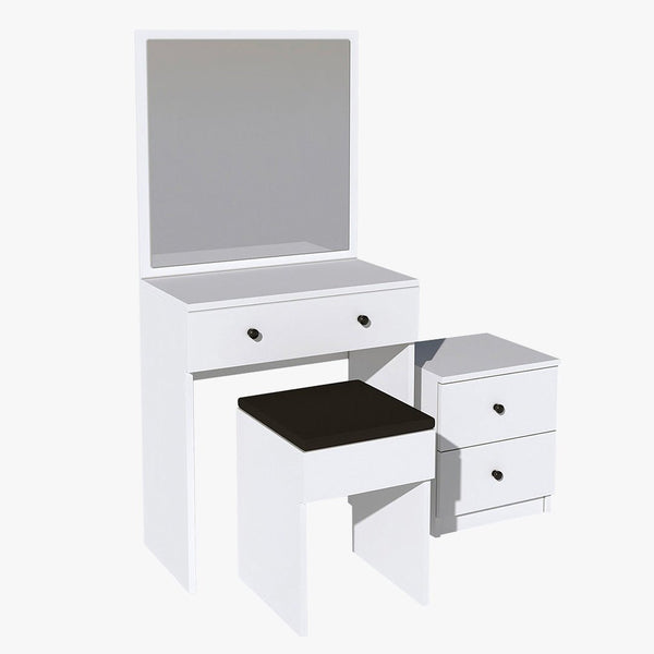 SABRIA Ensemble coiffeuse avec miroir tabouret et table de chevet blanc