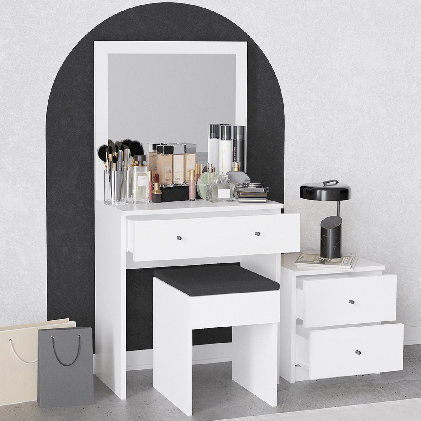 SABRIA Ensemble coiffeuse avec miroir tabouret et table de chevet blanc - Coiffeuse - Mobilier Deco