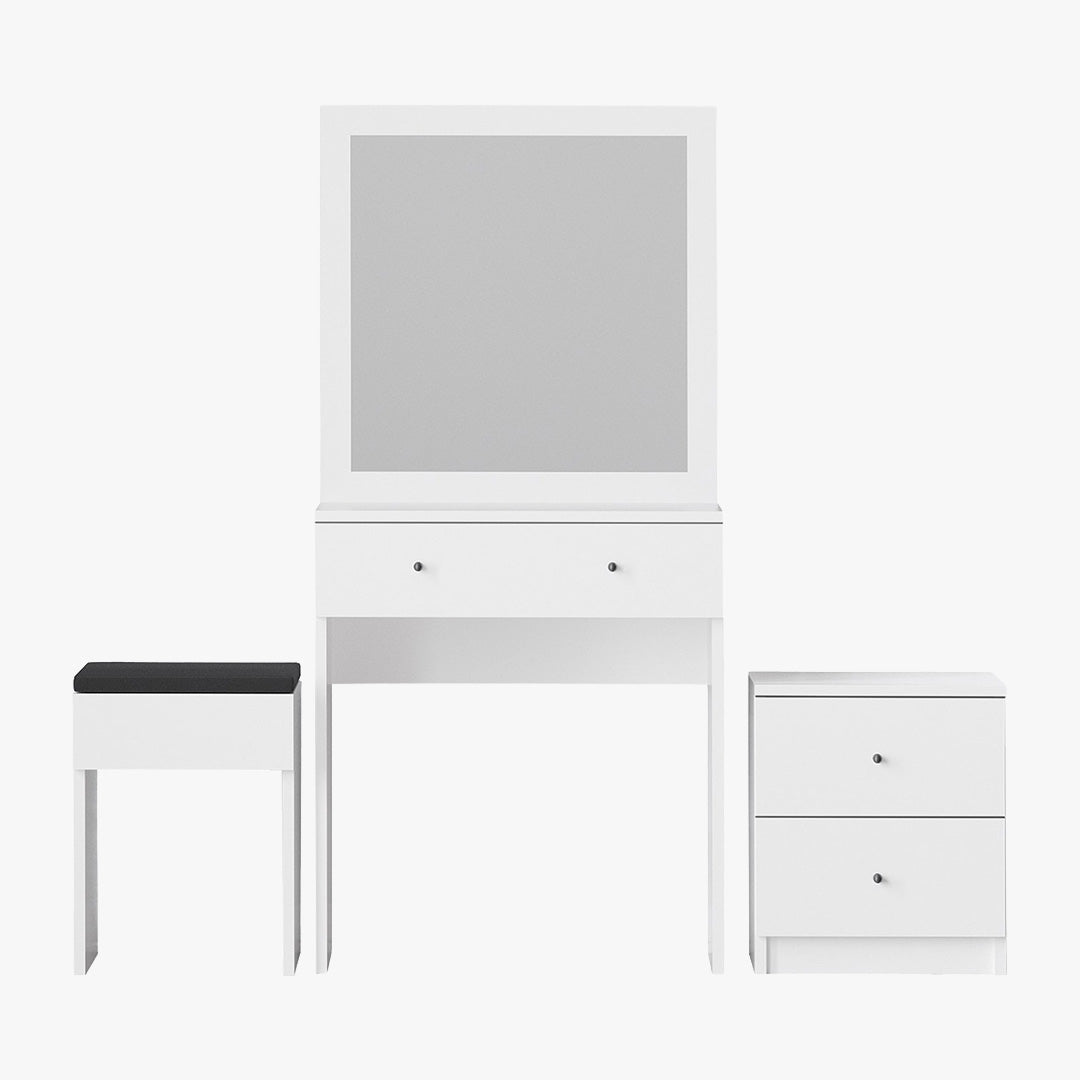SABRIA Ensemble coiffeuse avec miroir tabouret et table de chevet blanc - Coiffeuse - Mobilier Deco
