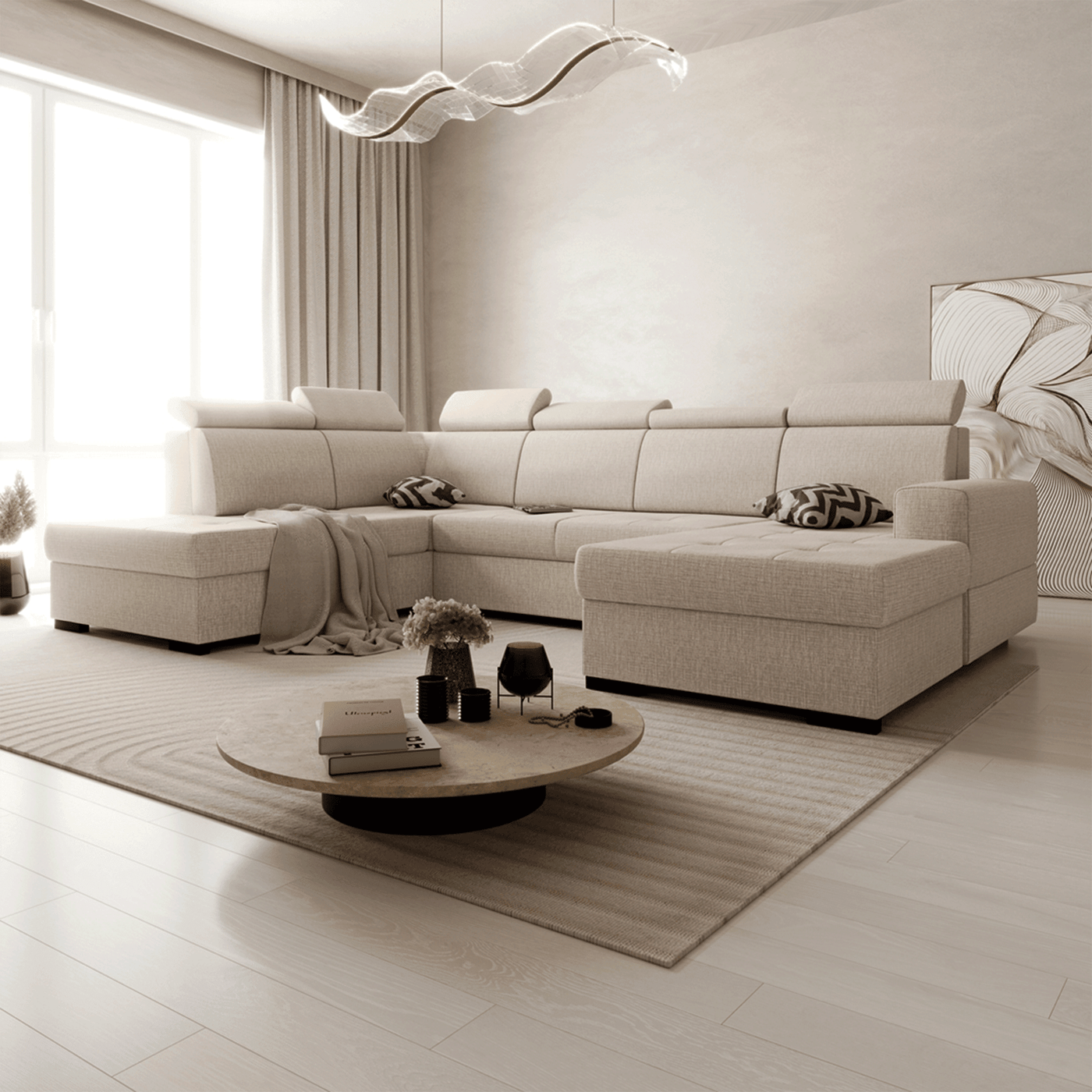 SACHA U Canapé panoramique convertible avec coffre en tissu beige - Angle droit - Canapés panoramiques - Mobilier Deco