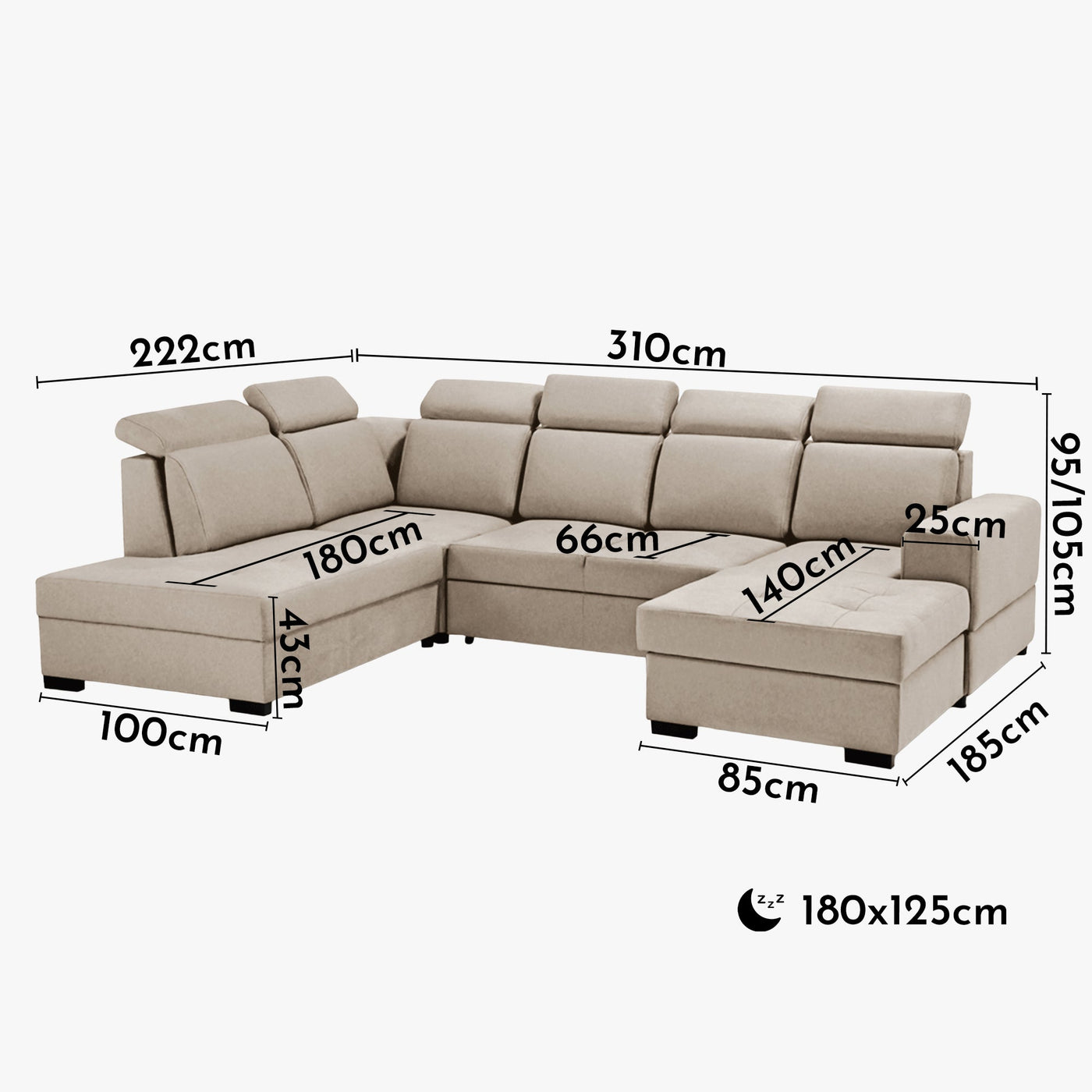 SACHA U Canapé panoramique convertible avec coffre en tissu beige - Angle droit - Canapés panoramiques - Mobilier Deco