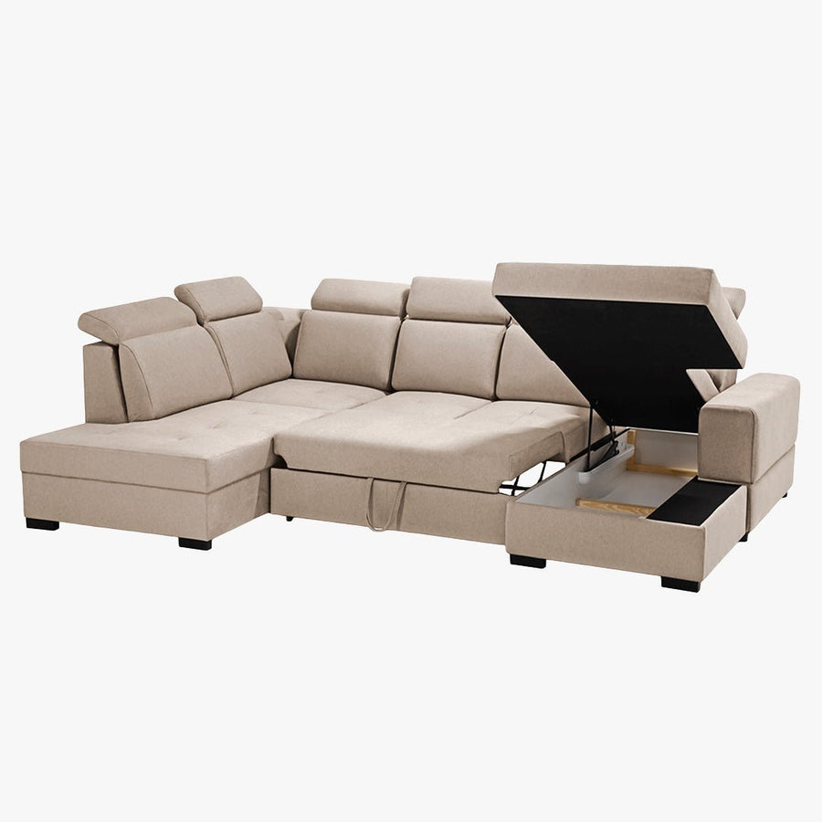 SACHA U Canapé panoramique convertible avec coffre en tissu beige - Angle droit — aperçu vidéo