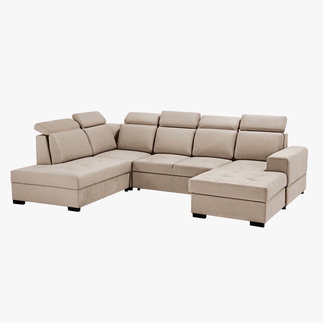 SACHA U Canapé panoramique convertible avec coffre en tissu beige - Angle droit - Canapés panoramiques - Mobilier Deco