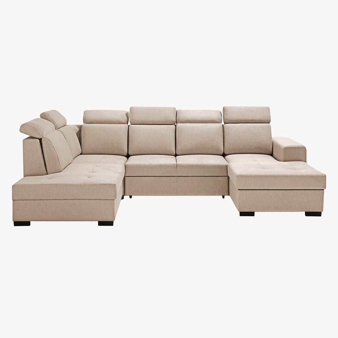 SACHA U Canapé panoramique convertible avec coffre en tissu beige - Angle droit - Canapés panoramiques - Mobilier Deco