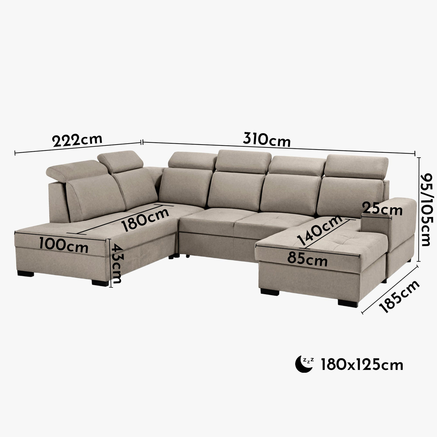 SACHA U Canapé panoramique convertible avec coffre en tissu taupe - Angle droit - Canapés panoramiques - Mobilier Deco