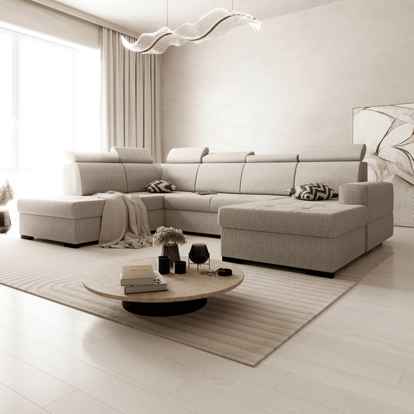 SACHA U Canapé panoramique convertible avec coffre en tissu taupe - Angle droit - Canapés panoramiques - Mobilier Deco