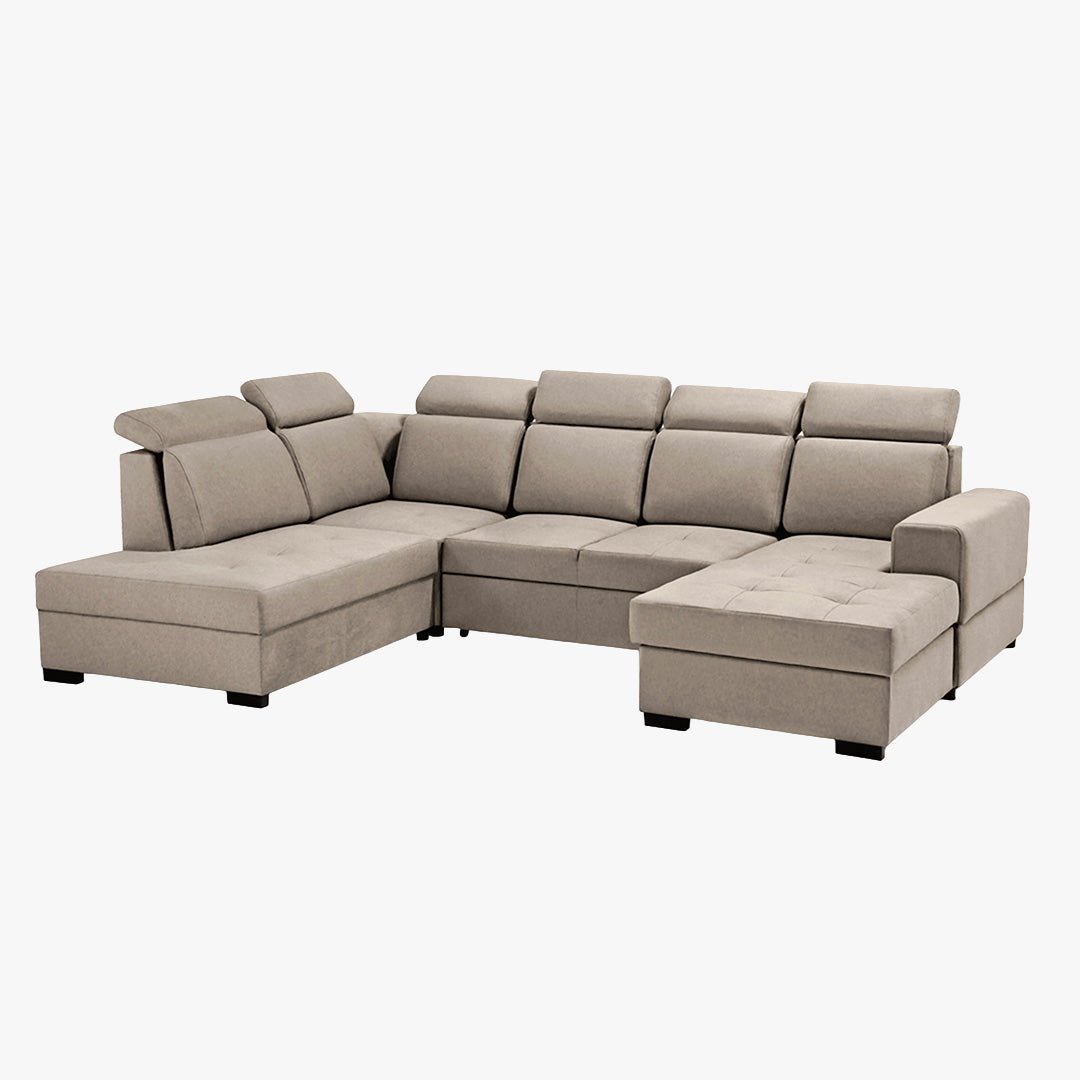 SACHA U Canapé panoramique convertible avec coffre en tissu taupe - Angle droit - Canapés panoramiques - Mobilier Deco