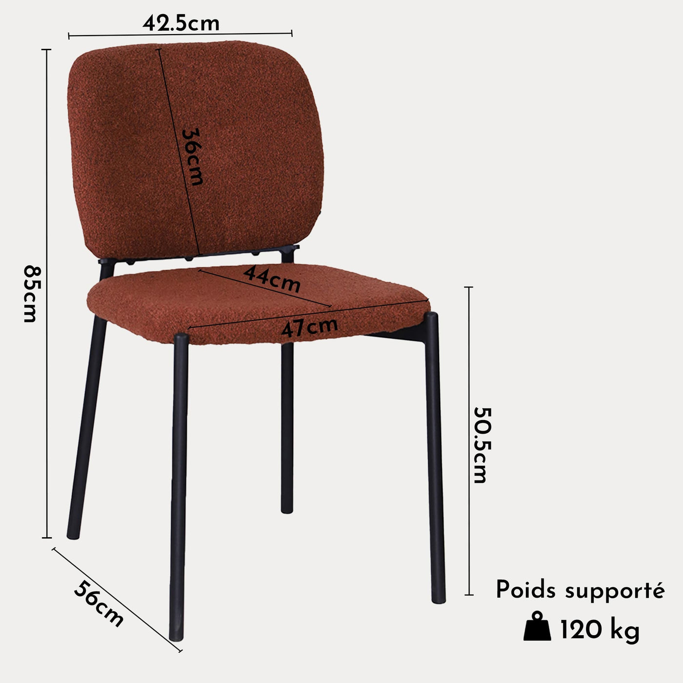 SAFIA Lot de 2 chaises en tissu rouille piètement métal noir - Chaise de repas - Mobilier Deco