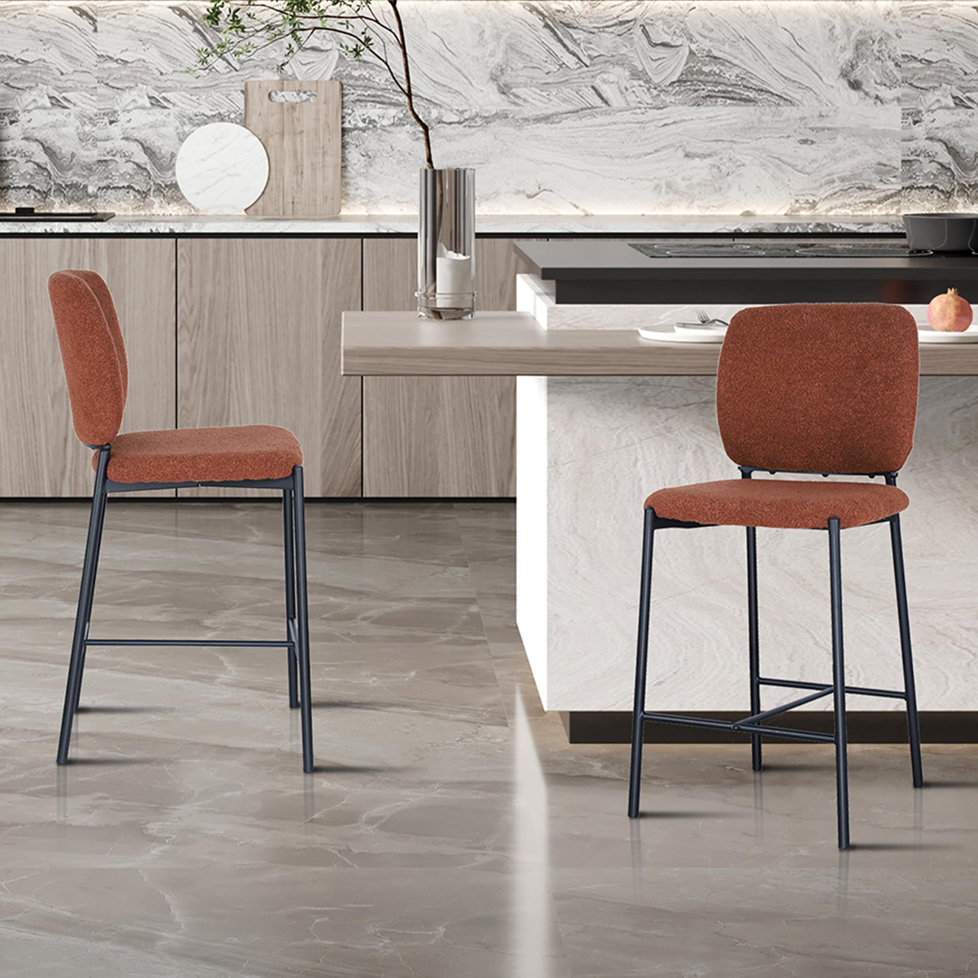 SAFIA Lot de 2 tabourets tissu rouille piètement métal noir - Tabourets - Mobilier Deco