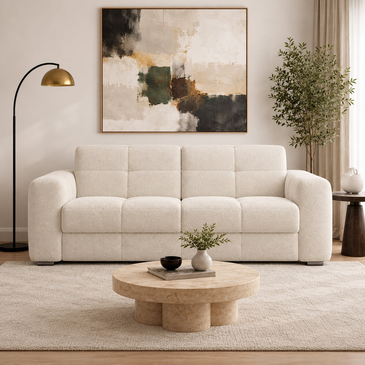 SAMINA Canapé 3 places convertible en tissu bouclette beige matelas Memory 14 cm - Canapés convertibles - Mobilier Deco