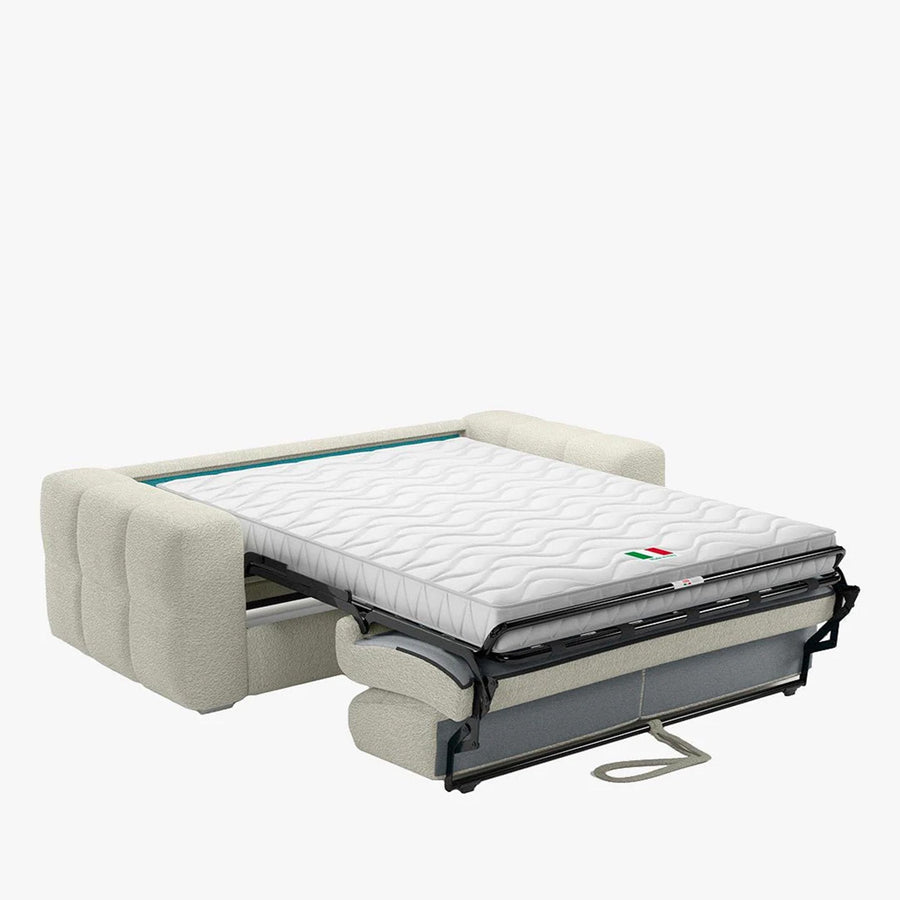 SAMINA Canapé 3 places convertible  en tissu bouclette beige matelas Memory 14 cm — aperçu vidéo