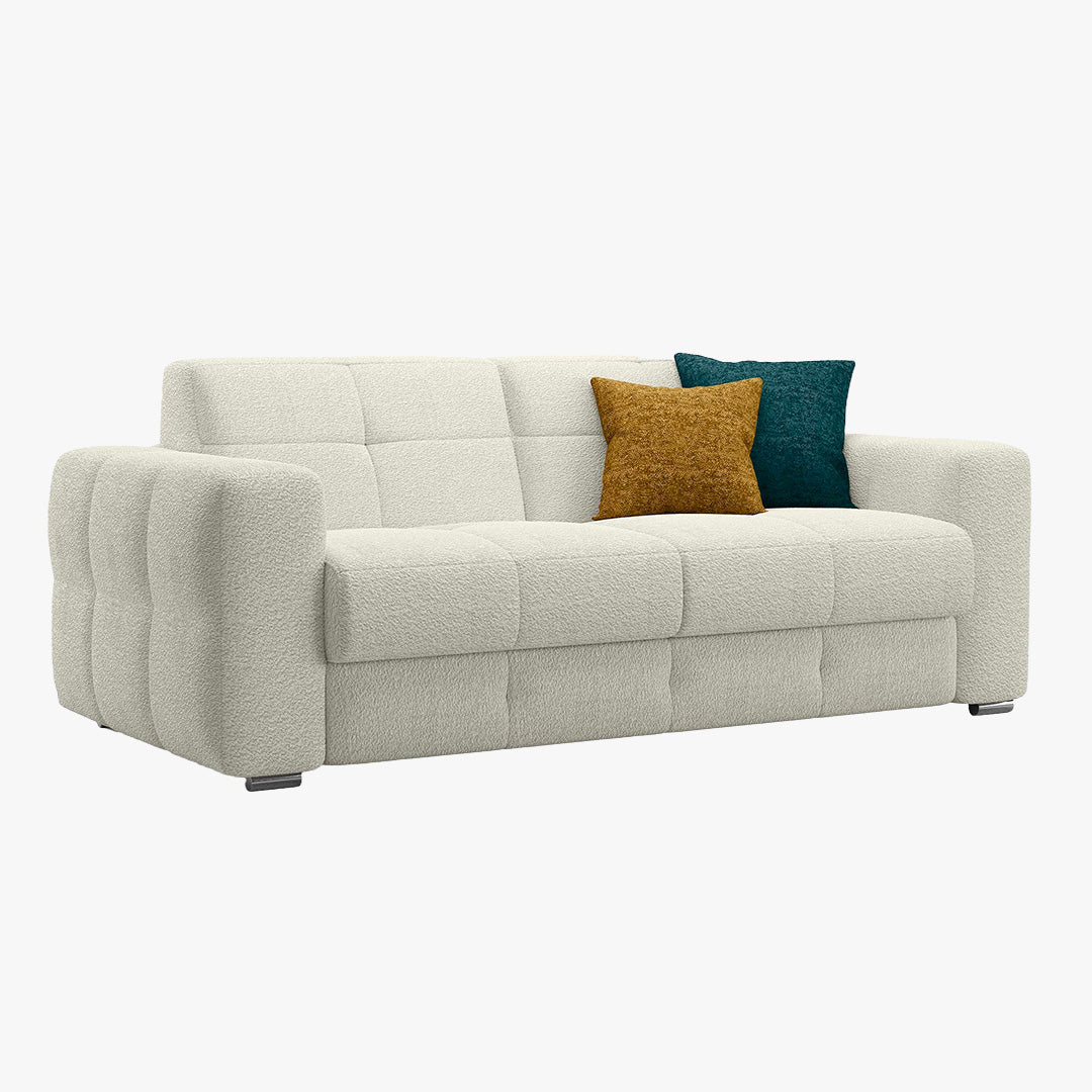 SAMINA Canapé 3 places convertible en tissu bouclette beige matelas Memory 14 cm - Canapés convertibles - Mobilier Deco