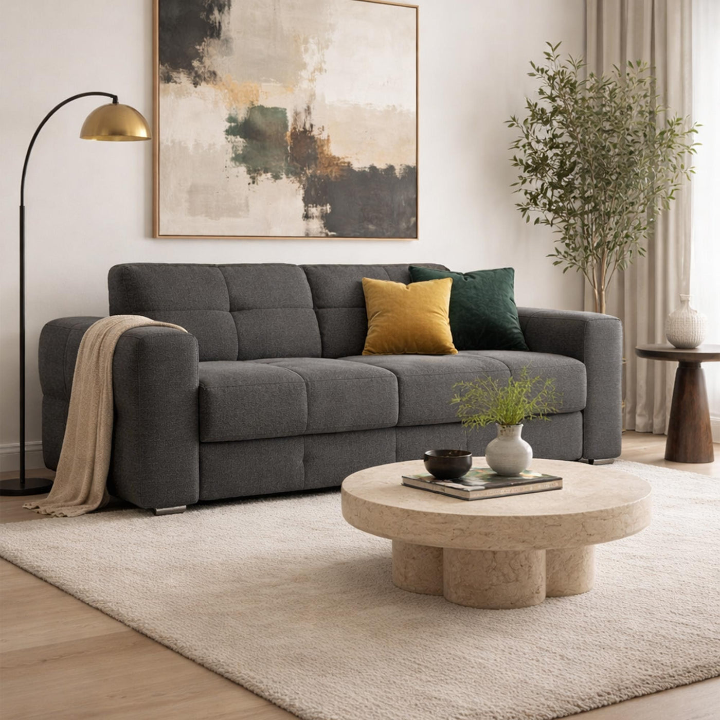 SAMINA Canapé 3 places convertible en tissu bouclette gris foncé matelas Memory 14 cm - Canapés convertibles - Mobilier Deco