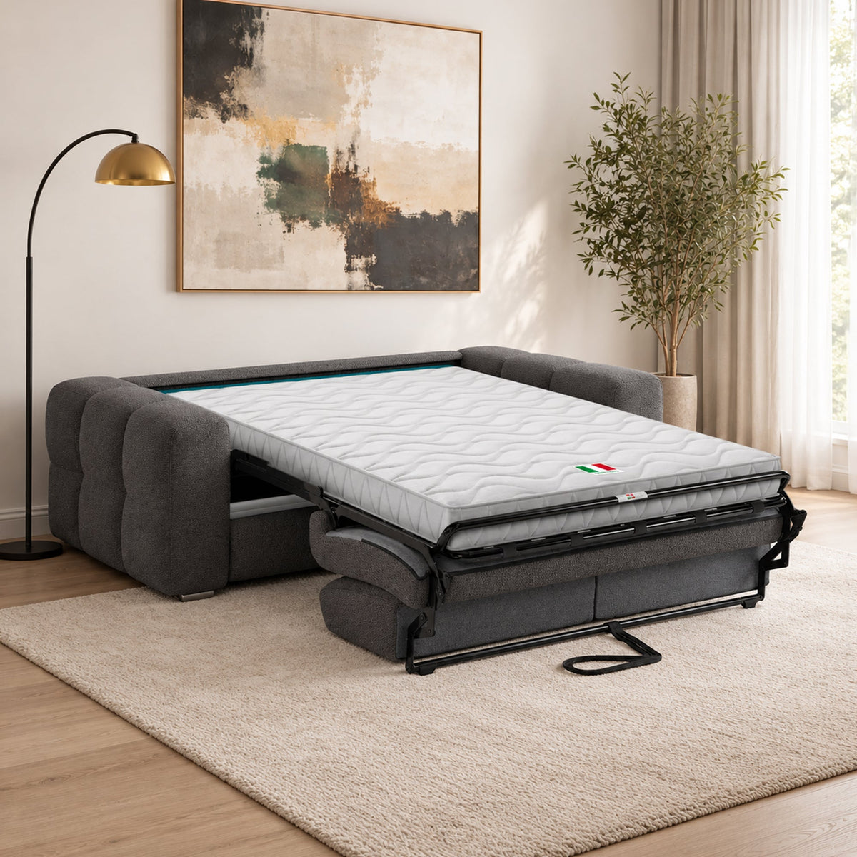 SAMINA Canapé 3 places convertible en tissu bouclette gris foncé matelas Memory 14 cm - Canapés convertibles - Mobilier Deco