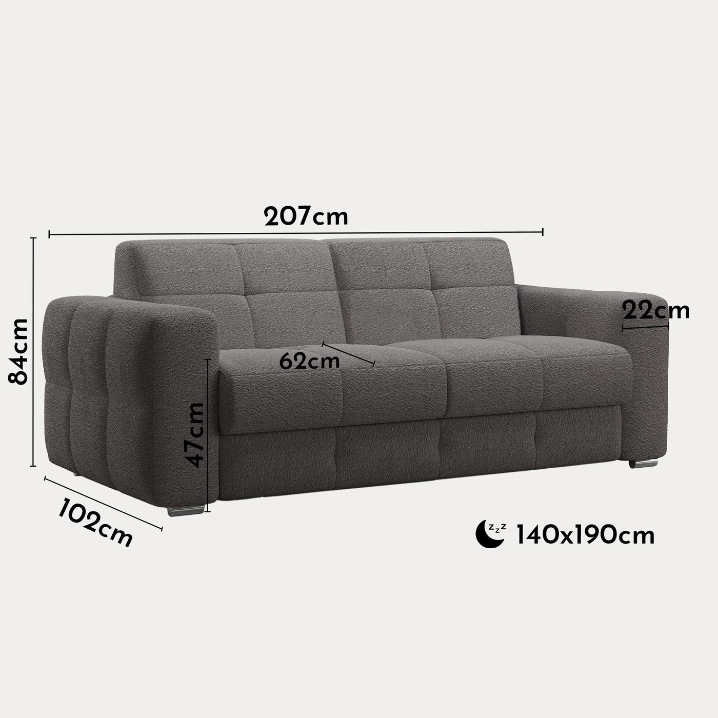 SAMINA Canapé 3 places convertible en tissu bouclette gris foncé matelas Memory 14 cm - Canapés convertibles - Mobilier Deco