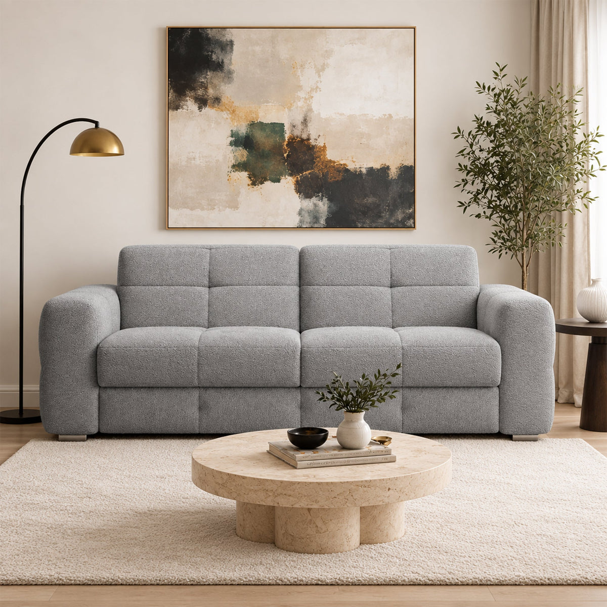 SAMINA Canapé 3 places convertible en tissu bouclette gris matelas Memory 14 cm - Canapés convertibles - Mobilier Deco
